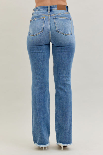 Judy Blue Women's Medium Wash High-Rise Destroyed Frayed Hem Bootcut Jeans 82542