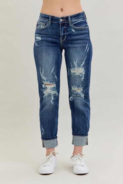 Judy Blue Women's Medium Wash Mid-Rise Destroyed Cuffed Boyfriend Skinny Jeans 82427