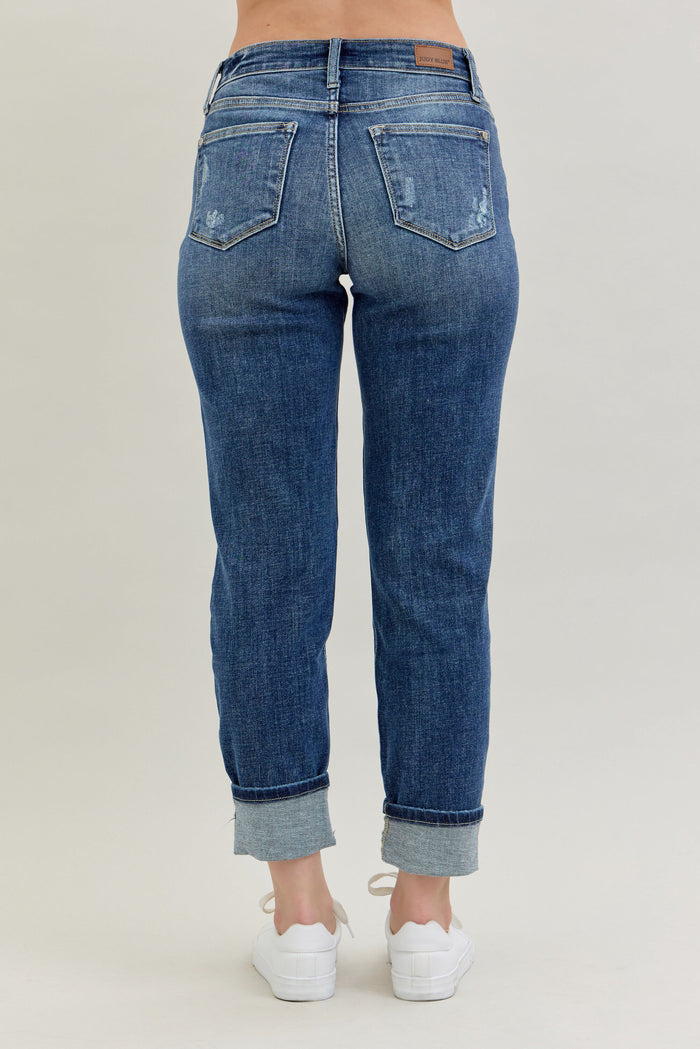Judy Blue Women's Medium Wash Mid-Rise Destroyed Cuffed Boyfriend Skinny Jeans 82427