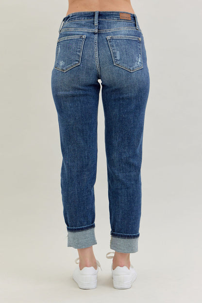 Judy Blue Women's Medium Wash Mid-Rise Destroyed Cuffed Boyfriend Skinny Jeans 82427