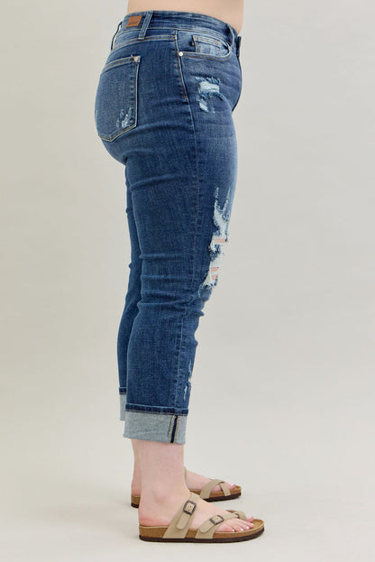 Judy Blue Women's Medium Wash Mid-Rise Destroyed Cuffed Boyfriend Skinny Jeans 82427