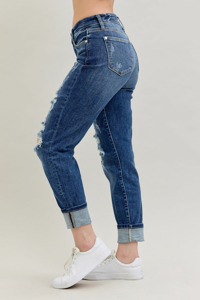 Judy Blue Women's Medium Wash Mid-Rise Destroyed Cuffed Boyfriend Skinny Jeans 82427