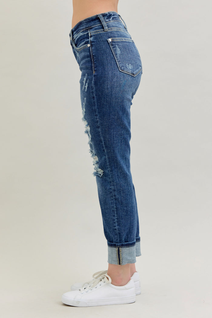 Judy Blue Women's Medium Wash Mid-Rise Destroyed Cuffed Boyfriend Skinny Jeans 82427
