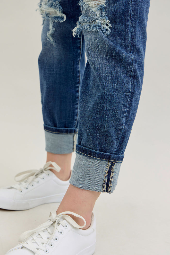 Judy Blue Women's Medium Wash Mid-Rise Destroyed Cuffed Boyfriend Skinny Jeans 82427