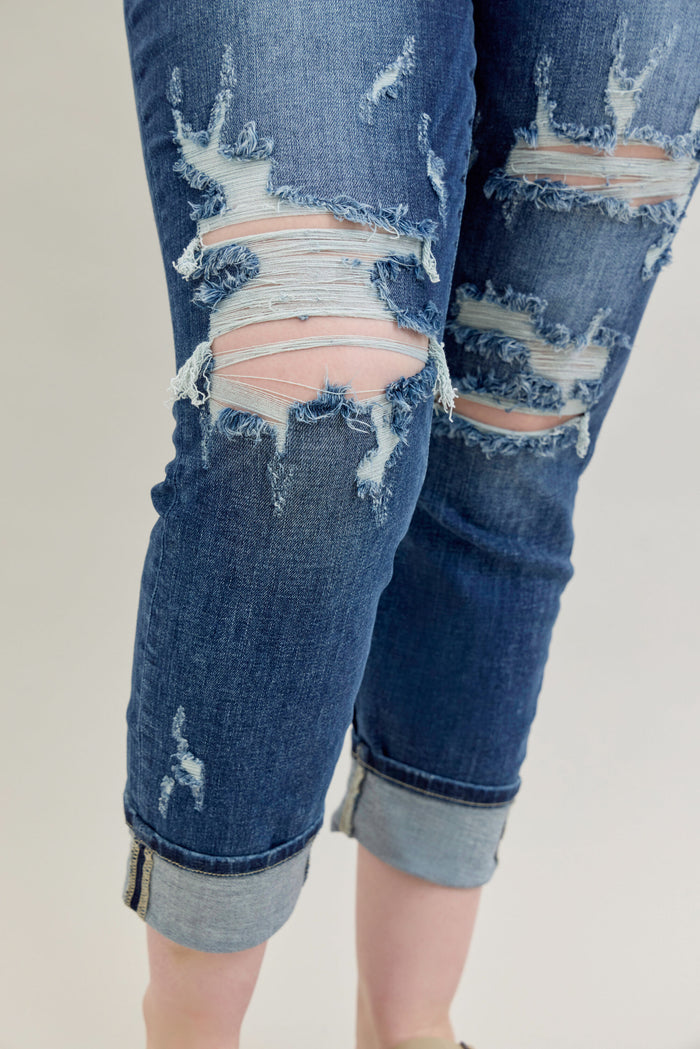 Judy Blue Women's Medium Wash Mid-Rise Destroyed Cuffed Boyfriend Skinny Jeans 82427
