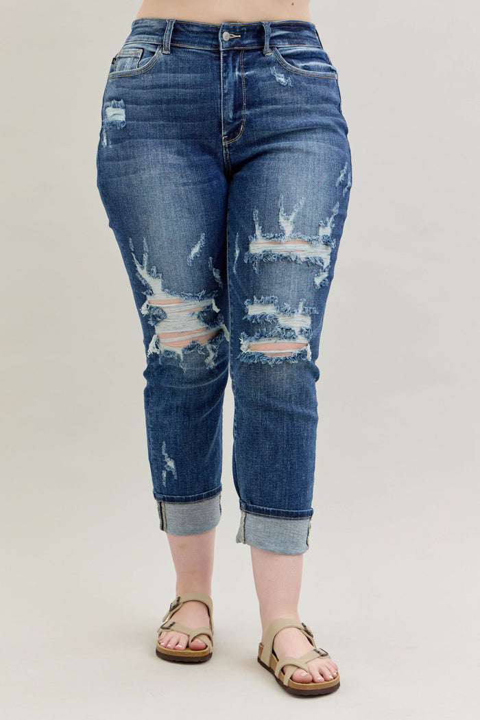 Judy Blue Women's Medium Wash Mid-Rise Destroyed Cuffed Boyfriend Skinny Jeans 82427