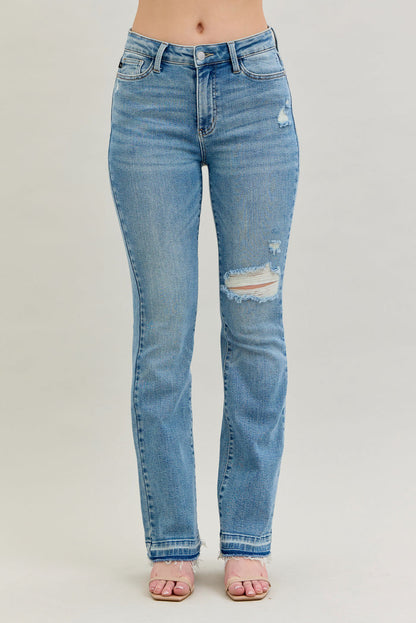 Judy Blue Women's Medium Wash Mid-Rise Destroyed & Released Hem Bootcut Jeans 88632