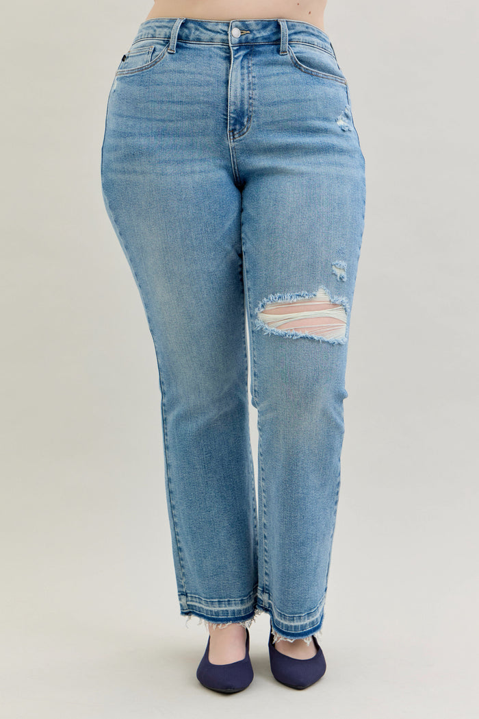 Judy Blue Women's Medium Wash Mid-Rise Destroyed & Released Hem Bootcut Jeans 88632
