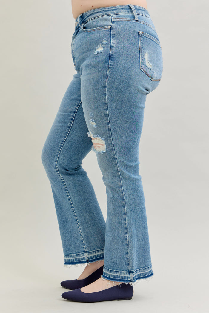 Judy Blue Women's Medium Wash Mid-Rise Destroyed & Released Hem Bootcut Jeans 88632