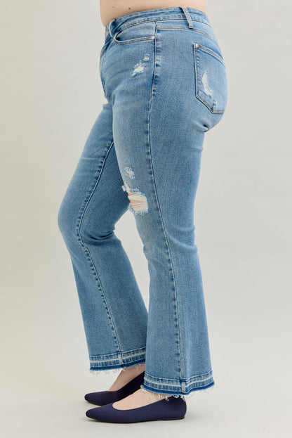 Judy Blue Women's Medium Wash Mid-Rise Destroyed & Released Hem Bootcut Jeans 88632