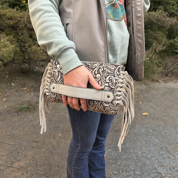 Justin Silver Wash Tooled Clutch Wallet Purse with Fringe 2176790WHT-Painted Cowgirl Western Store