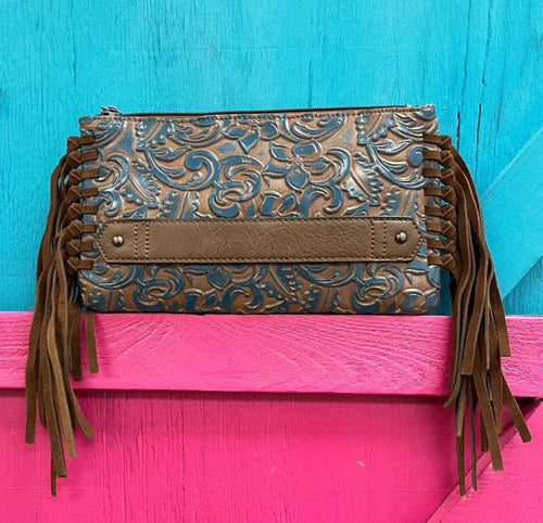 Justin Turquoise Washed Tooled Clutch Wallet Purse with Fringe 2176790BLU