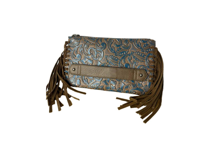 Justin Turquoise Washed Tooled Clutch Wallet Purse with Fringe 2176790BLU-Painted Cowgirl Western Store