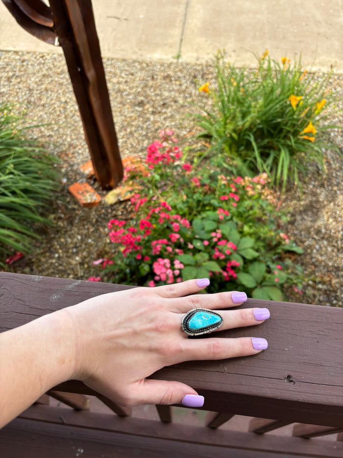 Sterling Silver and Kingman Turquoise Ring by Navajo Merle House-Painted Cowgirl Western Store