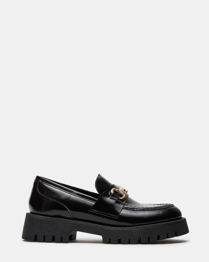LANDO Black Leather Lug Women's Loafer | Steve Madden
