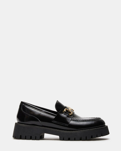 LANDO Black Leather Lug Women's Loafer | Steve Madden