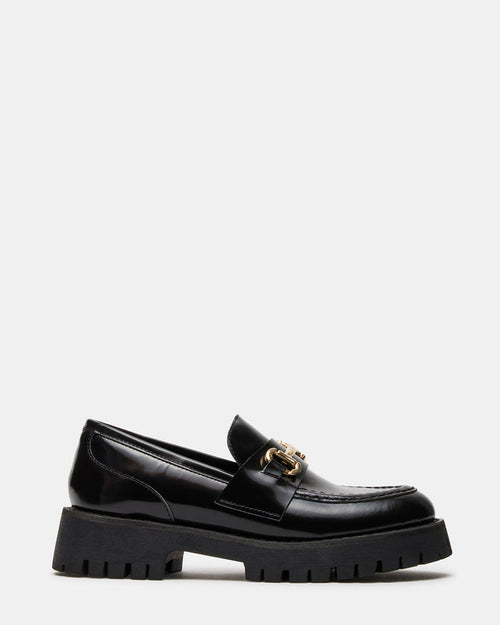 LANDO Black Leather Lug Women's Loafer | Steve Madden