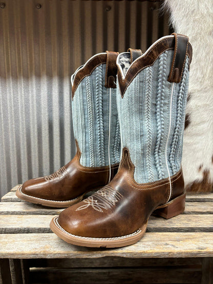 Laredo Women's Blue Moon Tan & Blue Denim Top Square Toe Cowgirl Boots 5630-Painted Cowgirl Western Store