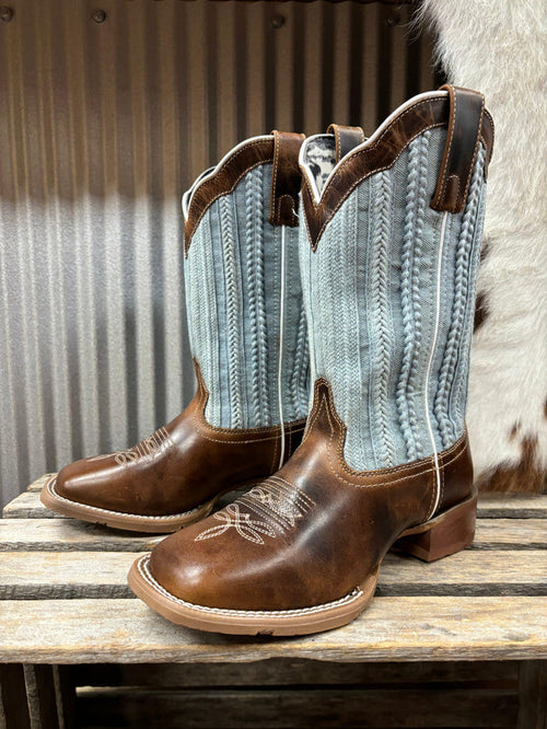 Laredo Women's Blue Moon Tan & Blue Denim Top Square Toe Cowgirl Boots 5630-Painted Cowgirl Western Store