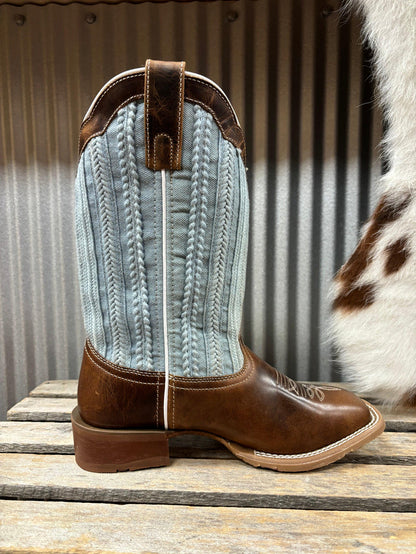 Laredo Women's Blue Moon Tan & Blue Denim Top Square Toe Cowgirl Boots 5630-Painted Cowgirl Western Store