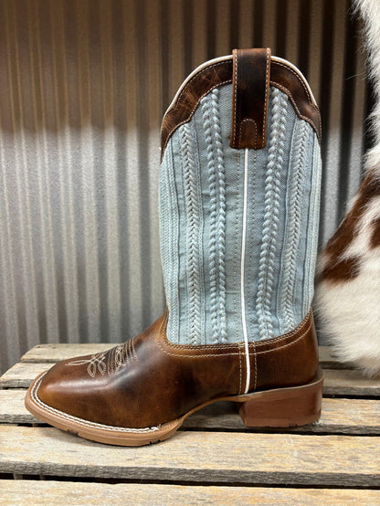 Laredo Women's Blue Moon Tan & Blue Denim Top Square Toe Cowgirl Boots 5630-Painted Cowgirl Western Store
