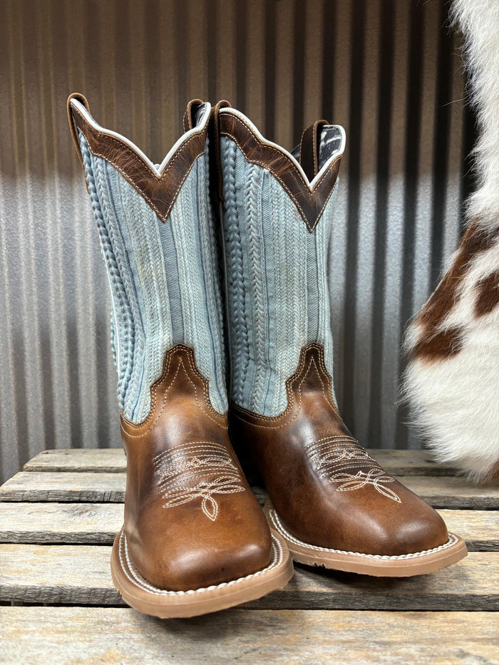 Laredo Women's Blue Moon Tan & Blue Denim Top Square Toe Cowgirl Boots 5630-Painted Cowgirl Western Store
