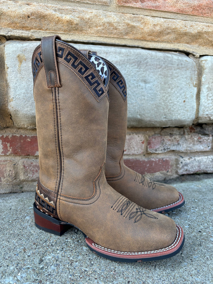 Laredo Women's Tan Brown Atzi Accent Embroidery Square Toe Cowgirl Boots 5683-Painted Cowgirl Western Store