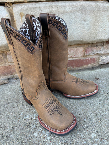 Laredo Women's Tan Brown Atzi Accent Embroidery Square Toe Cowgirl Boots 5683-Painted Cowgirl Western Store