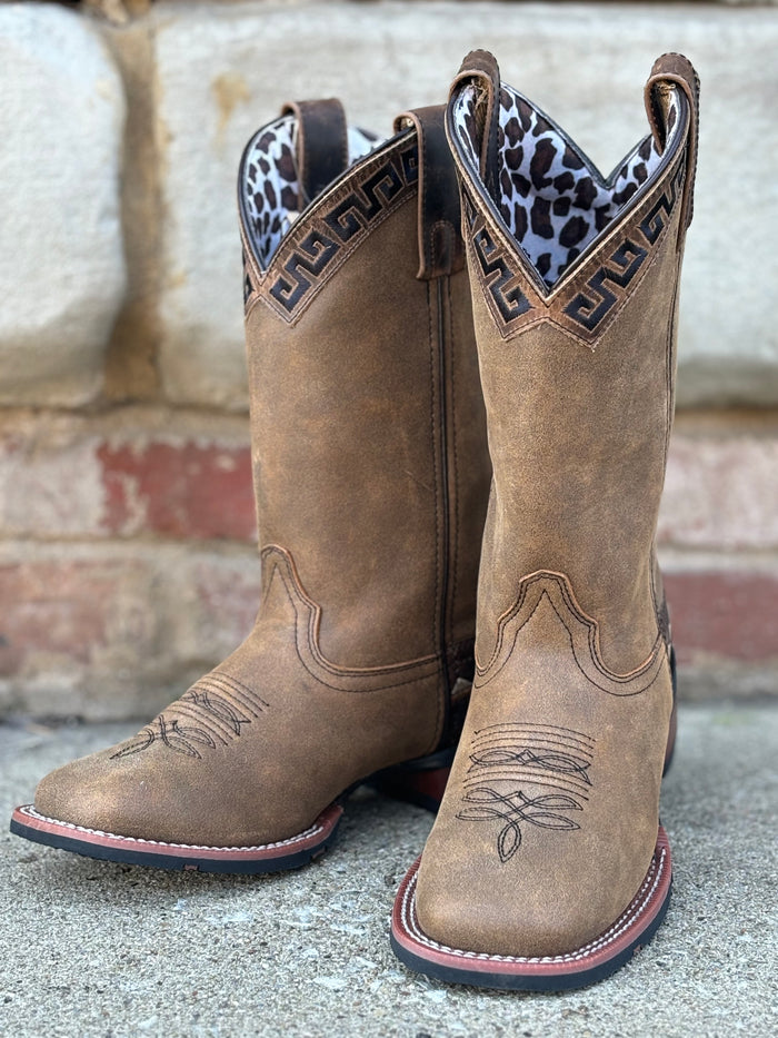 Laredo Women's Tan Brown Atzi Accent Embroidery Square Toe Cowgirl Boots 5683-Painted Cowgirl Western Store