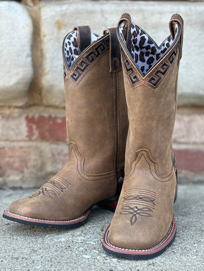 Laredo Women's Tan Brown Atzi Accent Embroidery Square Toe Cowgirl Boots 5683-Painted Cowgirl Western Store