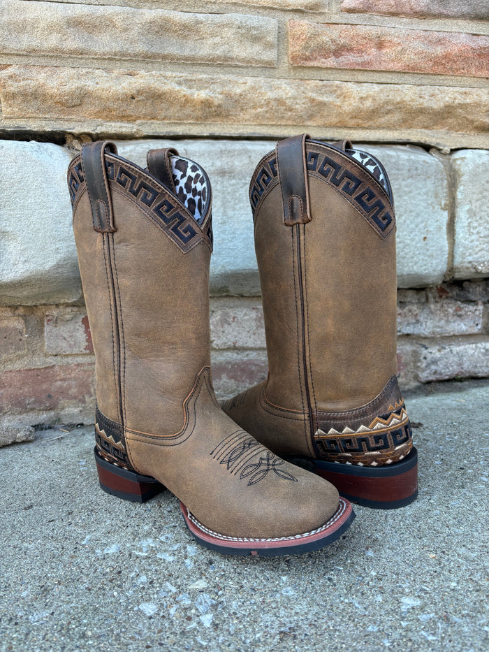 Laredo Women's Tan Brown Atzi Accent Embroidery Square Toe Cowgirl Boots 5683-Painted Cowgirl Western Store