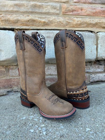 Laredo Women's Tan Brown Atzi Accent Embroidery Square Toe Cowgirl Boots 5683-Painted Cowgirl Western Store