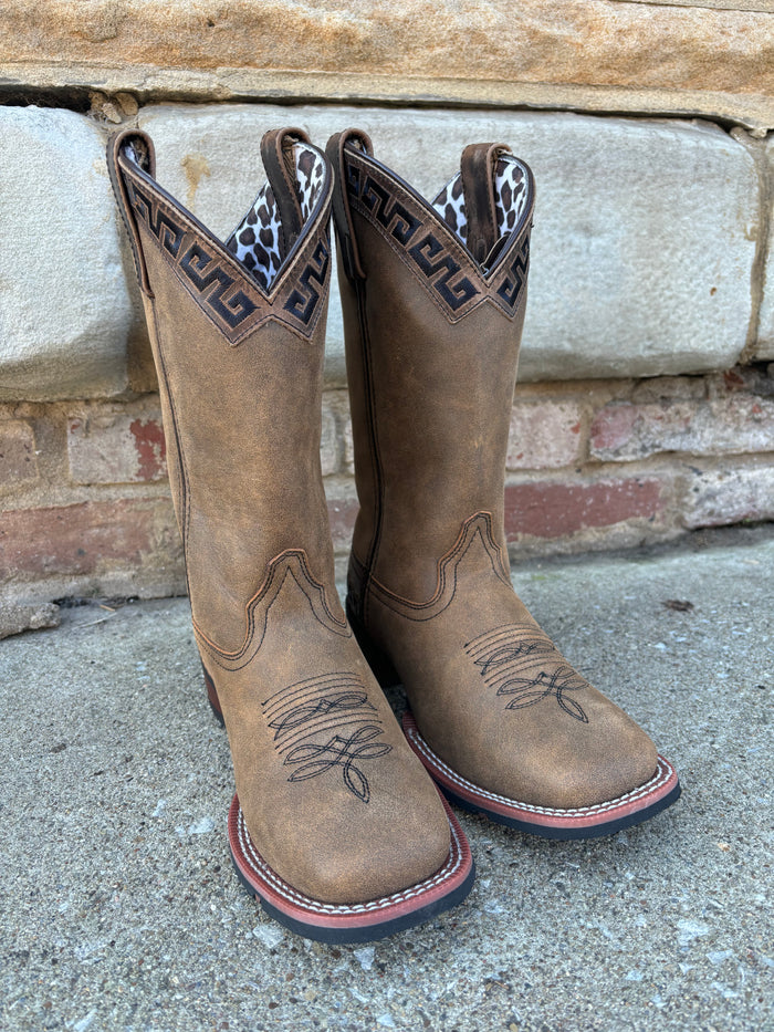 Laredo Women's Tan Brown Atzi Accent Embroidery Square Toe Cowgirl Boots 5683-Painted Cowgirl Western Store