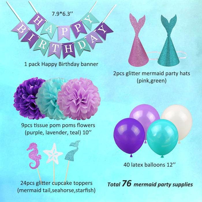 Mermaid Birthday Theme Set Banner, Balloons, Pom Pom & Tassels Party Decorations