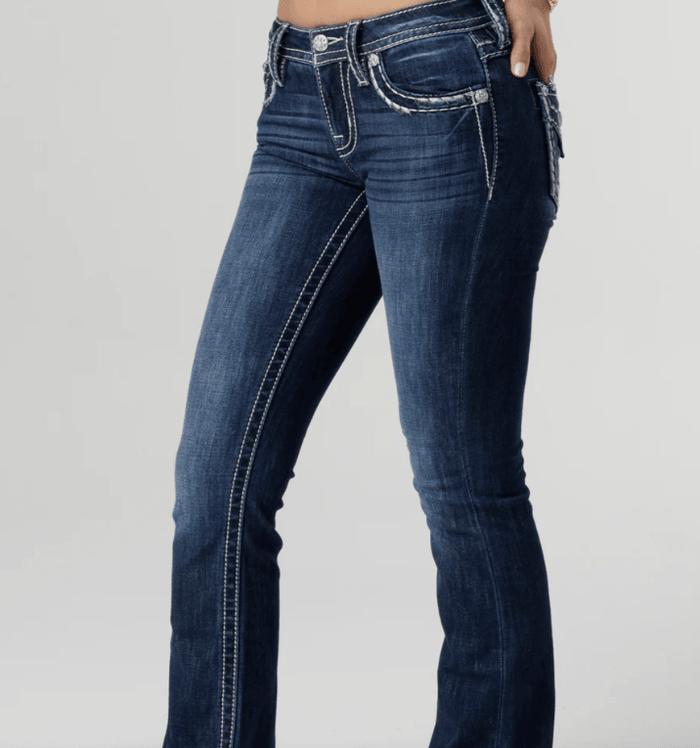 Miss Me Women's Classic Saddle Stitch Pocket Mid-Rise Bootcut Jeans M5014B403