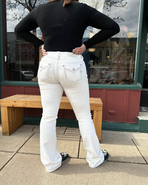 Miss Me Women's White Criss Cross Embroidered Mid-Rise Bootcut Jeans M9289BS M9289BV M9289B-Painted Cowgirl Western Store