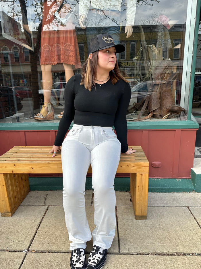 Miss Me Women's White Criss Cross Embroidered Mid-Rise Bootcut Jeans M9289BS M9289BV M9289B-Painted Cowgirl Western Store
