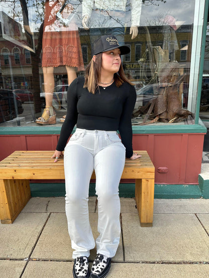 Miss Me Women's White Criss Cross Embroidered Mid-Rise Bootcut Jeans M9289BS M9289BV M9289B-Painted Cowgirl Western Store