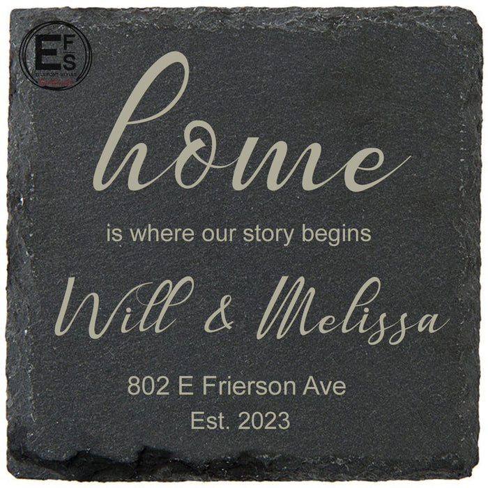 Custom housewarming gift slate coasters for new homeowners engraved with name and address