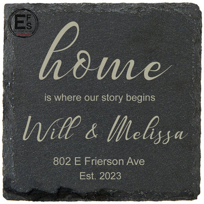 Custom housewarming gift slate coasters for new homeowners engraved with name and address