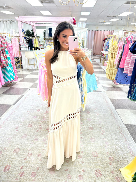Noir Halter Neck with Cut Outs Linen Maxi Dress (Ecru)