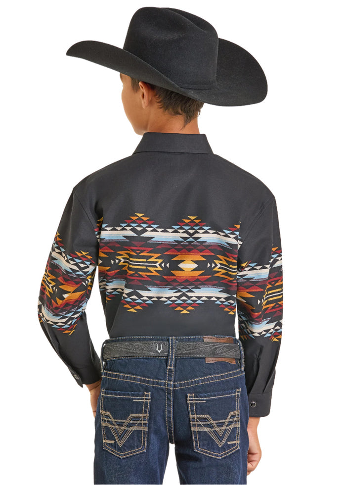Panhandle Slim Boy's Black Aztec Border Print Pearl Snap Long Sleeve Western Shirt SBN2S07385