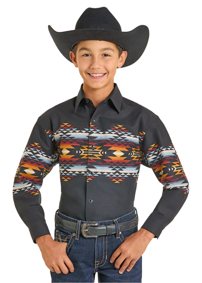 Panhandle Slim Boy's Black Aztec Border Print Pearl Snap Long Sleeve Western Shirt SBN2S07385