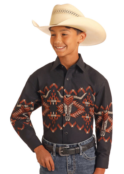 Panhandle Slim Boy's Black Steerhead Skull Aztec Print Snap Long Sleeve Western Shirt SBN2S06048