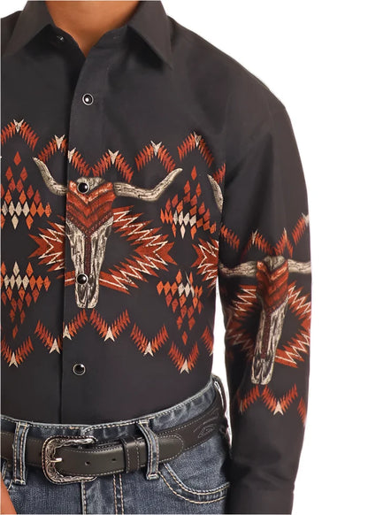 Panhandle Slim Boy's Black Steerhead Skull Aztec Print Snap Long Sleeve Western Shirt SBN2S06048