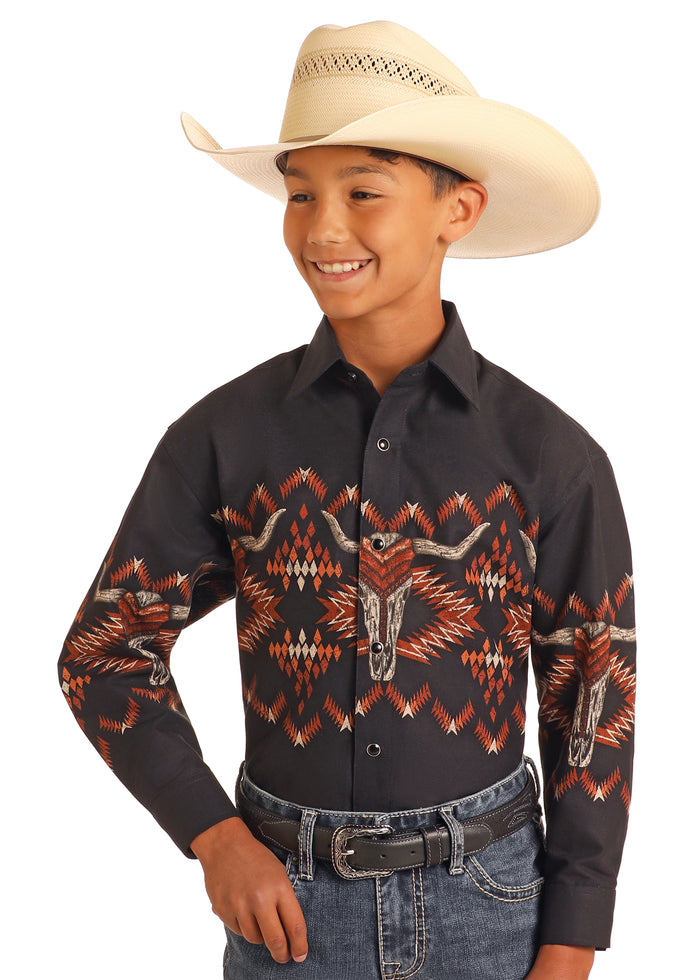 Panhandle Slim Boy's Black Steerhead Skull Aztec Print Snap Long Sleeve Western Shirt SBN2S06048