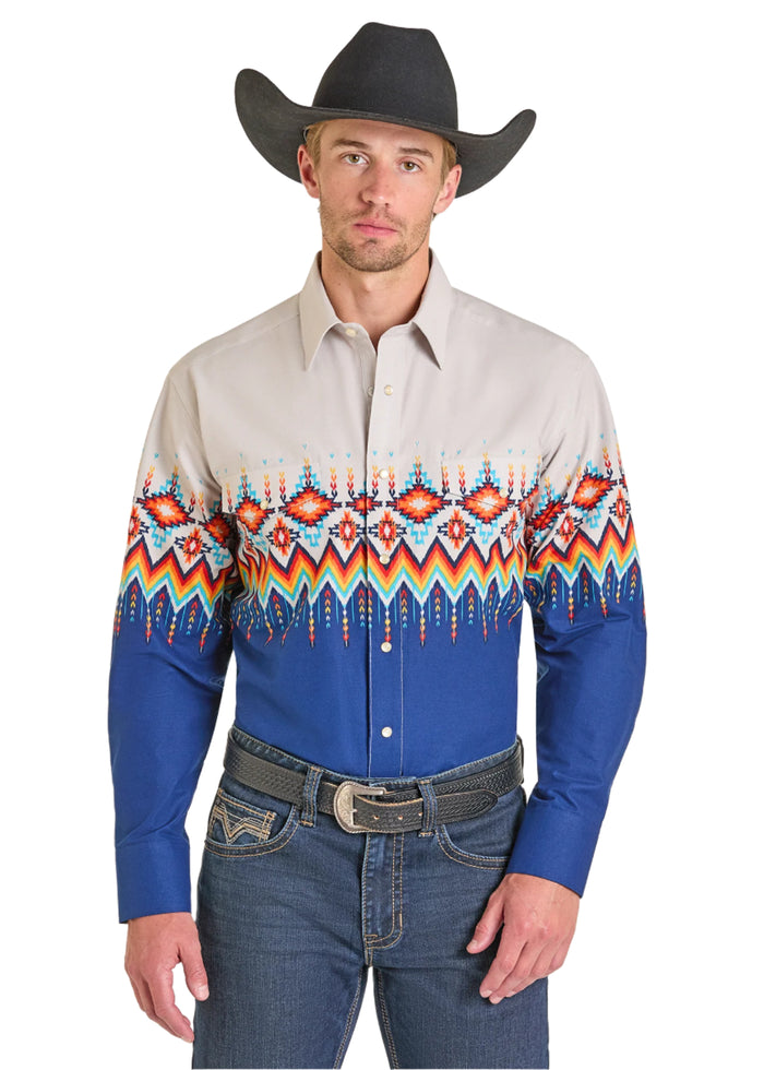 Panhandle Slim Men's Blue & Taupe Aztec Border Print Pearl Snap Long Sleeve Western Shirt SMN2S07384