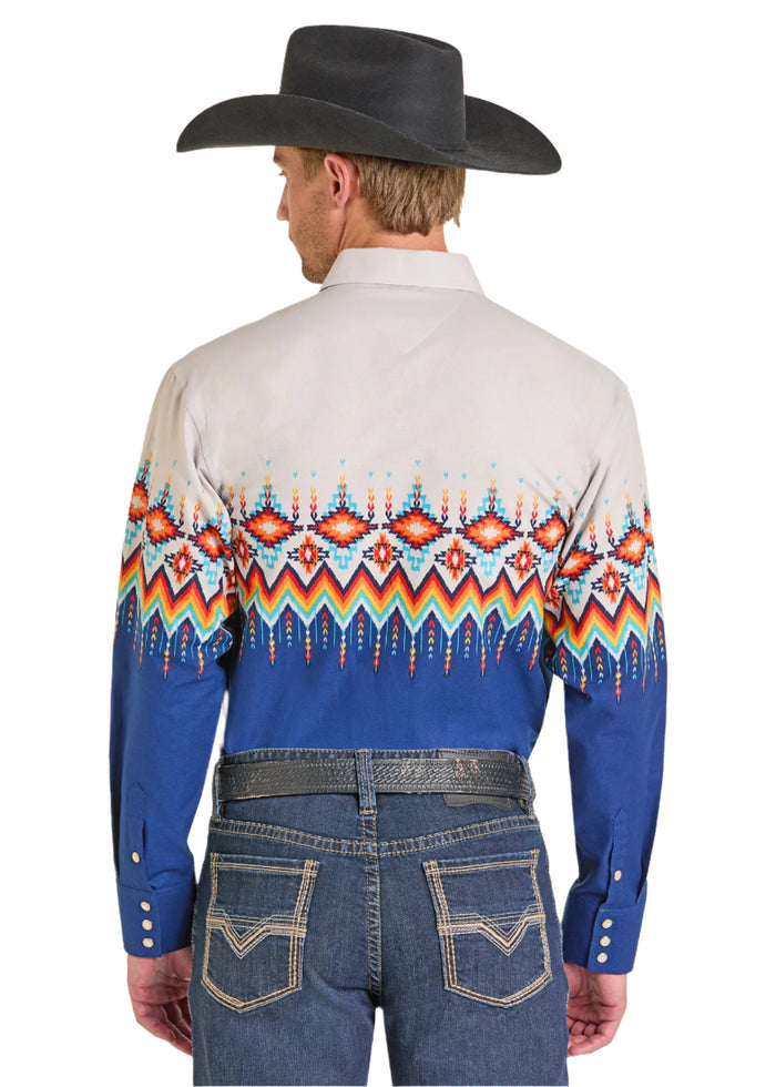 Panhandle Slim Men's Blue & Taupe Aztec Border Print Pearl Snap Long Sleeve Western Shirt SMN2S07384