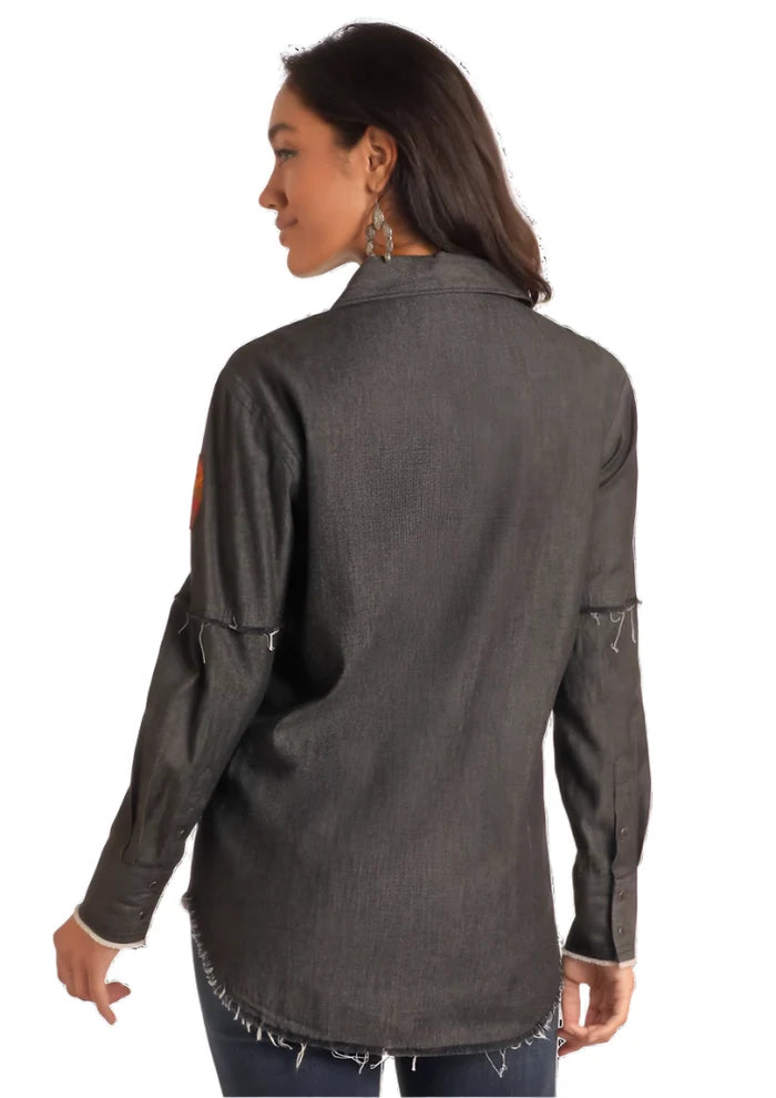 Panhandle Slim Women's Black Western Patches Long Sleeve Snap Up Western Shirt LW92T05817
