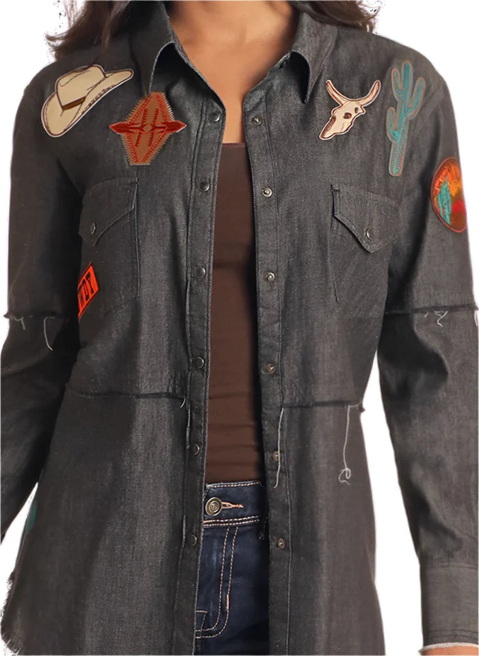 Panhandle Slim Women's Black Western Patches Long Sleeve Snap Up Western Shirt LW92T05817